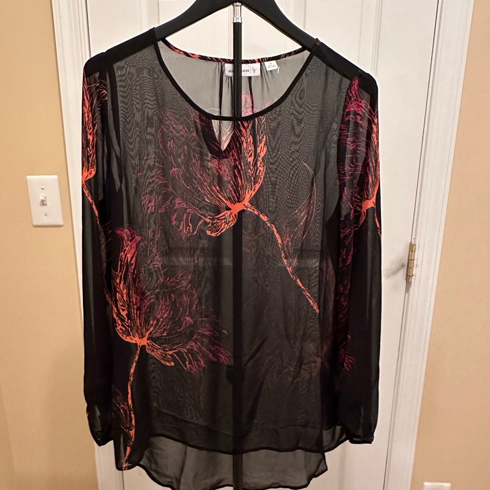 Susan Graver Black and Coral Sheer Floral Blouse - Size 10